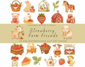 Strawberry Farm Friends Clipart – Watercolor Animals, Berries, Barn, Garden & Market PNG Set