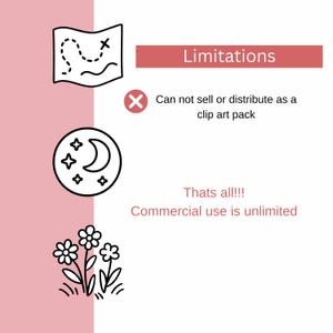 May include: A pink background with black line art illustrations of a map, a moon and stars, and flowers. Text in the image reads "Limitations", "Can not sell or distribute as a clip art pack", "Thats all!!!", and "Commercial use is unlimited."