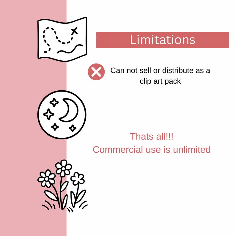 May include: A pink background with black line art illustrations of a map, a moon and stars, and flowers. Text in the image reads "Limitations", "Can not sell or distribute as a clip art pack", "Thats all!!!", and "Commercial use is unlimited."