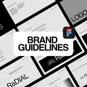 Pode incluir: Um documento de diretrizes de marca em preto e branco com o título "BRAND GUIDELINES" em negrito, em preto. O documento inclui seções para "Introdução", "Tom de voz", "Logotipo", "Radial" e "Combinações de cores".