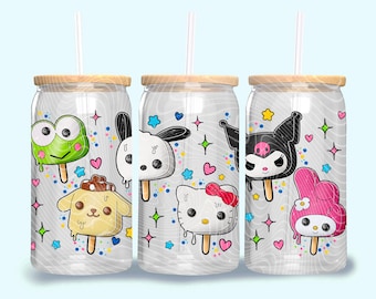 Ice Cream Kawaii Popsicles, 16 oz glass tumbler wrap, Ready To press Sublimation Transfer, Libbey glass Eco Solvent Vinyl prints