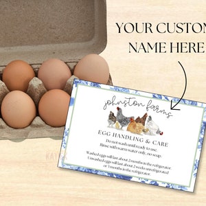 Tarjeta de cuidado de huevos PERSONALIZADA // Tarjeta de huevos imprimible personalizada // Tarjeta de instrucciones de huevos // Instrucciones personalizadas de huevos // Tarjeta de huevos con nombre de la granja