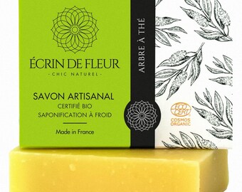 Savon Bio Biologique Artisanal Arbre à Thé Peaux Mixtes à Grasses Organic Soap Tea Tree Combination to Oily Skin Écrin De Fleur 90 Gr 3.2 oz