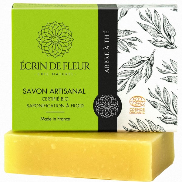 Savon Bio Biologique Artisanal Arbre à Thé Peaux Mixtes à Grasses Organic Soap Tea Tree Combination to Oily Skin Écrin De Fleur 90 Gr 3.2 oz