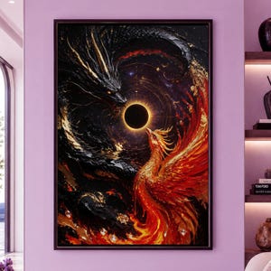 Kosmische Drachenkunst mit Phönix-Eclipse, lebendige Fraktaldruckoptionen