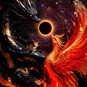 Kosmische draakkunst met feniks-eclips, levendige fractale printopties