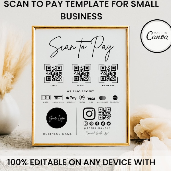 Scan To Pay Template, Qr Code Sign, Small Business, Editable Canva Template,Paypal Payment Sign, Venmo Sign, Business Sign, Printable Sign