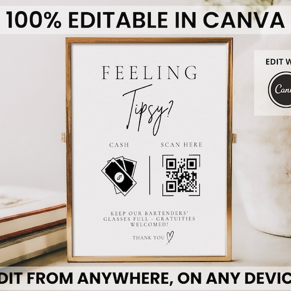 Editable Tip Jar Sign, Venmo Payment Sign, QR Code Sign, Canva Template Editable, Tips Accepted Sign, Printable Download Template, Bartender