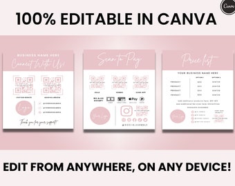 May include: Three pink and white printable templates for a business. The first template says "Connect With Us!" and has two QR codes. The second template says "Scan to Pay" and has four QR codes. The third template says "Price List" and has a table with product names, prices, and options.