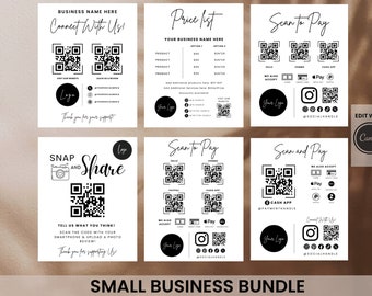 May include: A small business bundle with templates for price lists, connecting with customers, sharing reviews, and scan-to-pay options. Each template is white with black text and includes QR codes, social media handles, and the option to add a logo.