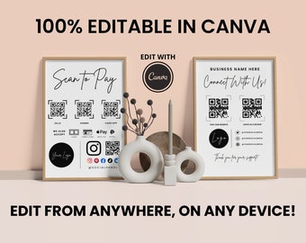 Op de afbeelding: Twee printbare posters met zwarte en witte tekst en QR-codes. De eerste poster zegt "Scan to Pay" en bevat QR-codes voor verschillende betaalmethoden. De tweede poster zegt "Bedrijfsnaam hier Maak contact met ons!" en bevat QR-codes voor een website en sociale media. Beide posters hebben ruimte voor een logo.