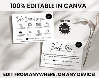 May include: Two black and white printable cards with instructions for cake care and a thank you message for a customer purchase. The cards include a logo with the word "logo" and a website address. The text on the cards reads "Cake Care Instructions" and "Thank You for Your Purchase".