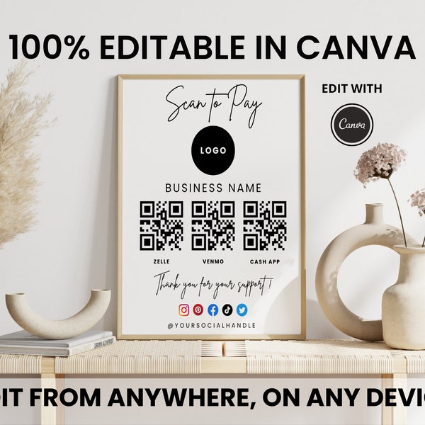 Scan to Pay QR Code Sign, Editable Canva Template, Scan to Pay, Digital Download, QR code display, Zelle sign,  Venmo qr code,  Cashapp Sign