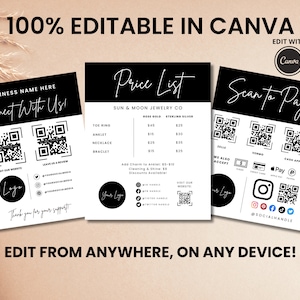 May include: Three black and white printable cards with QR codes for a jewelry business called Sun & Moon Jewelry Co. The first card has the business name and two QR codes for connecting with the business. The second card has a price list for toe rings, anklets, necklaces, and bracelets in rose gold and sterling silver. The third card has a QR code for paying with Zelle, Venmo, Cash App, and Apple Pay. The card also has social media icons for Instagram, Facebook, TikTok, and a social media handle.