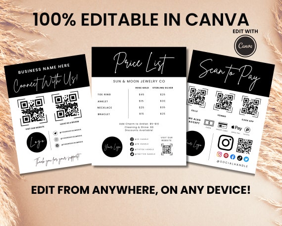 Editable Price List Template Bundle, Scan to Pay, Social Media QR Code Sign (Canva)