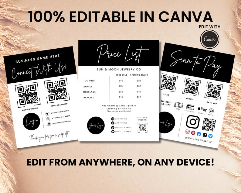 May include: Three black and white printable cards with QR codes for a jewelry business called Sun & Moon Jewelry Co. The first card has the business name and two QR codes for connecting with the business. The second card has a price list for toe rings, anklets, necklaces, and bracelets in rose gold and sterling silver. The third card has a QR code for paying with Zelle, Venmo, Cash App, and Apple Pay. The card also has social media icons for Instagram, Facebook, TikTok, and a social media handle.