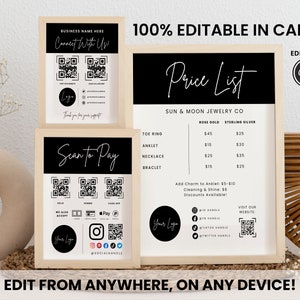 May include: Two black and white signs with a price list for jewelry. The signs include the text "Price List", "Sun & Moon Jewelry Co", "Rose Gold", "Sterling Silver", "Toe Ring", "Anklet", "Necklace", "Bracelet", "Add Charm to Anklet: $5-$10", "Cleaning & Shine: $8", "Discounts Available", "Visit Our Website", and a QR code. The signs are framed in wood.