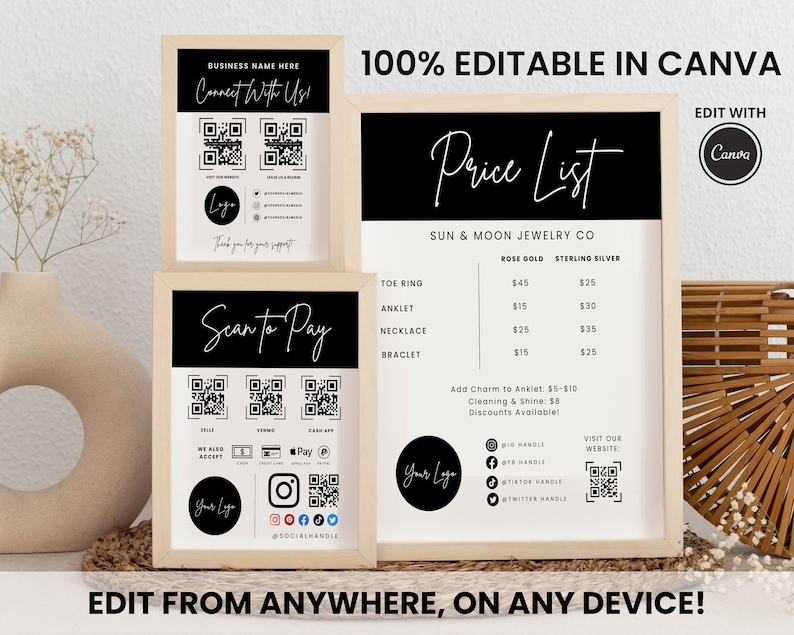 May include: Two black and white signs with a price list for jewelry. The signs include the text "Price List", "Sun & Moon Jewelry Co", "Rose Gold", "Sterling Silver", "Toe Ring", "Anklet", "Necklace", "Bracelet", "Add Charm to Anklet: $5-$10", "Cleaning & Shine: $8", "Discounts Available", "Visit Our Website", and a QR code. The signs are framed in wood.