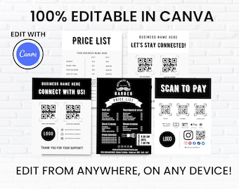 May include: Black and white printable sign for a barber shop with the text "Barber Price List" and a price list for haircuts, treatments, and other services. The sign also includes QR codes for connecting with the business, leaving a review, and paying.