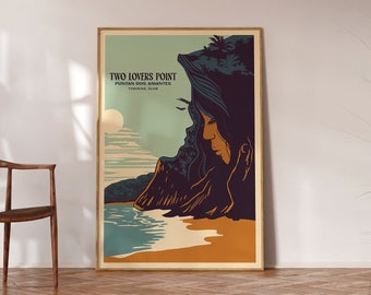May include: A vintage-style travel poster with a blue, green, and orange color scheme. The poster features a woman's face and a rocky cliff with the text "Two Lovers Point,  Funtan Dos Amantes,  Tanguing, Guam".