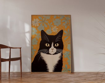Tuxedo Cat Art Poster - Quirky Wall Art - Vintage screenprint style