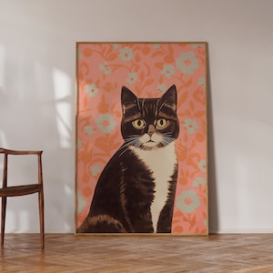 Cat Portrait with Retro Floral background - Quirky wall art - Matte poster