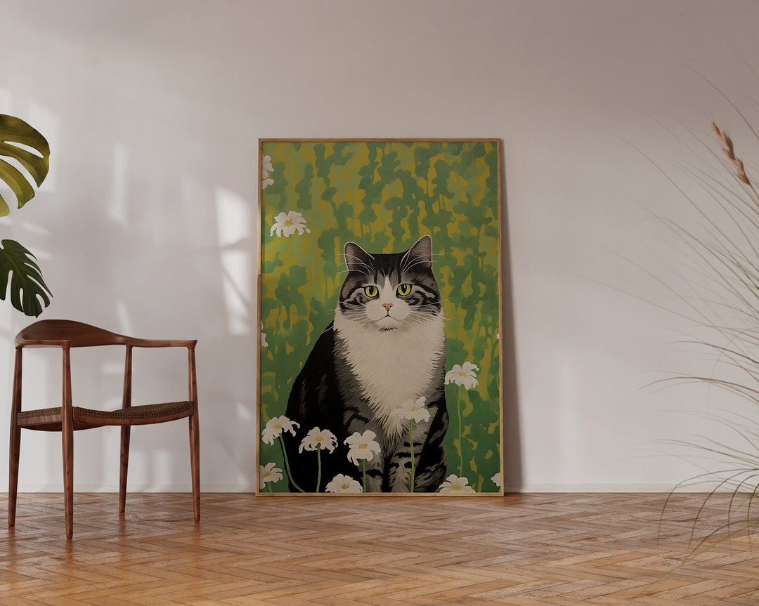 Retro Fluffy Cat Art Poster - Quirky Wall Art - Vintage Screenprint ...