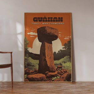 Retro Guahan Guam Print - TANO I MAN CHAMORRO - Guam Retro Tourism Wall Art - Vintage Style Travel Poster