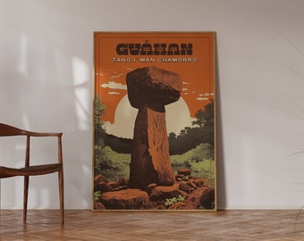 May include: A vintage-style poster with a brown background featuring a large stone monument with the text "Guahan Tano I Man Chamorro" in a retro font.