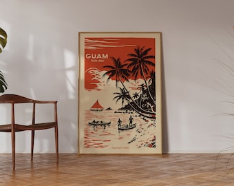 Retro Guam Print - I Taotao Tåno - Hafa Adai - Guam Retro Tourism Wall Art - Vintage Style Travel Poster