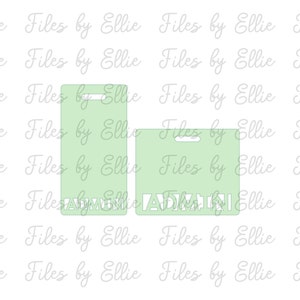 May include: Two light green name tags with the word "ADMIN" cut out in white. The name tags have a hole at the top for a lanyard.