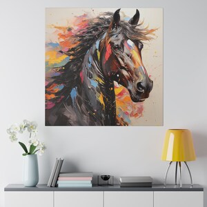 Stallion | Black horse colorful mane | Palette knife on canvas of a dark horse with colorful hair | Dark muscular horse with rainbow mane