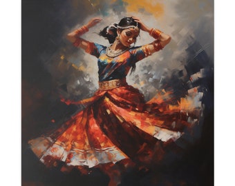 May include: A painting of a woman in a colorful dress, dancing with her arms raised above her head. The woman is wearing a gold belt and jewelry. The background is a dark blue and gray.