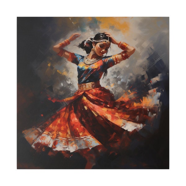 Bharatnatyam | Peinture de danse traditionnelle indienne | Fille dans une pose de danse frappante sur toile | Lehenga évasé d'une femme indienne dansante