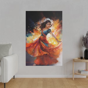 Rhythms of Grace: An Indian Dance on canvas | Indian Girl dancing her dress turns into fire | Beautiful Indian woman dancing colorful dress