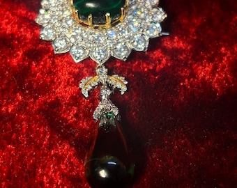Vintage Certified Moissanite & Emerald Drop Brooch – 925 Sterling Silver – Queen Mary of England Inspired