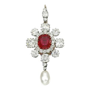 Art Deco 925 Sterling Silver Moissanite & Ruby Pendant