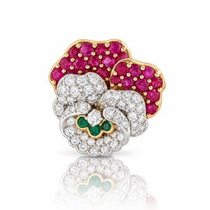 Vintage Mid-Century Ruby Emerald Pansy Inspired Brooch, 925 Sterling Silver, Moissanite Statement Jewelry