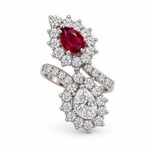 Toi et Moi Ruby Ring, Pear Cut Lab Ruby & Moissanite Ring, 925 Sterling Silver Romantic Statement Jewelry