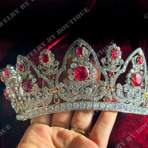Empress Marie Louise Inspired Ruby Tiara, 925 Sterling Silver Moissanite Crown, Victorian Royal Bridal Crown Wedding Tiara