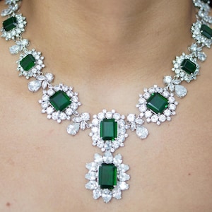 Belle Époque-Inspired Emerald & Diamond Necklace, 925 Sterling Silver, Luxury Vintage Jewelry, Statement Heirloom, Gift for Women
