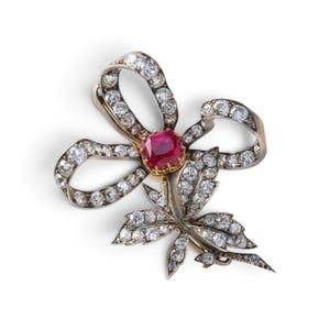 Vintage Floral Ruby Bow Pendant Brooch, 925 Sterling Silver, Moissanite,  Antique Brooch, Statement Jewelry