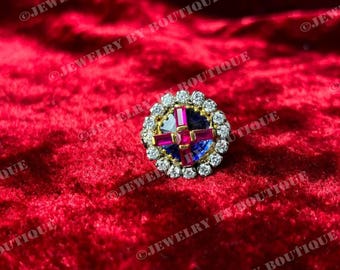 Queen Victoria Coronation Ring Ruby & Sapphire, 925 Sterling Silver Moissanite Statement Ring