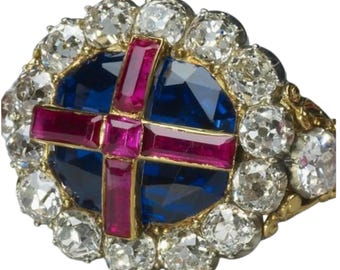 Victorian Art Vintage moissanite 1.00ctw manmade ruby and blue sapphire 925 sterling silver &quot; Queen Victoria Coronation Engagement ring&quot;