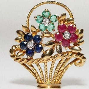 925 スターリングシルバーと 18K イエローゴールドメッキのヴィンテージ マルチジェム フラワー バスケット ブローチ、おばあちゃんへのプレゼント