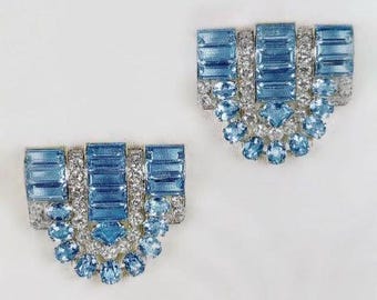 Art Deco Aquamarin-Moissanit Broschen: 925 Sterling Silber Doppel-Clip