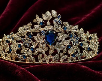 Blue Sapphire Floral Tiara Crown, Sterling Silver Moissanite Headpiece, Royal Bridal Diadem, Victorian Queen Crown