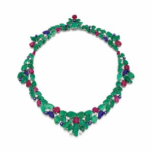 Edwina Mountbatten Inspired Tutti Frutti Necklace, 925 Sterling Silver Moissanite Emerald Ruby Sapphire Vintage Statement Jewelry