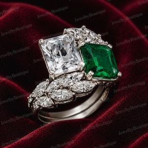 Art-Deco inspirierte Jackie Kennedy Smaragd und Diamant Ring in 925 Sterling Silber Moissanit und Smaragd Ring