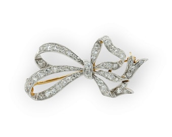 Art Deco Moissanite Ribbon Brooch: 925 Sterling Silver Bow Pin